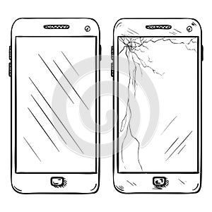 Vector Set of Two Smartphones. New and Broken ones.