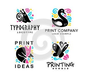 Vector set of typography and design studio logo with cute animals - fox, snail, swan and butterfly.