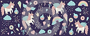 Vector set with unicorn cliparts. Horizontal banner with cute rainbow, crown, star, cloud, crystals for social media. Sweet