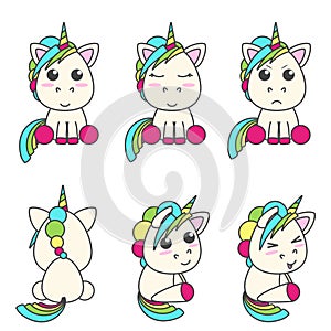 Vector set of unicorns with different emoticons.