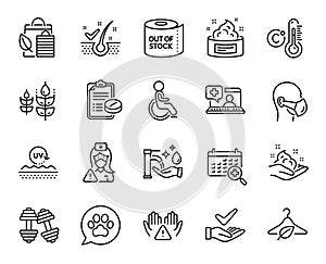 Vector set of Uv protection, Bio shopping and Medical help line icons set. Vector