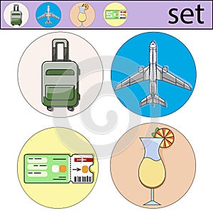 Vector set of vacation. Icon and logo of airplane, cocktail, ticket, travel bag