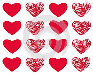 Vector set of Valentine`s day with red hearts on white background