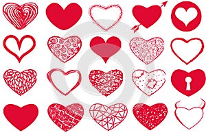 Vector set of Valentine`s Day red hearts on white background