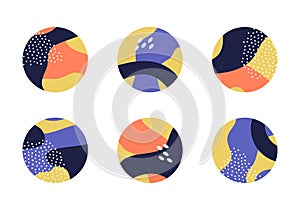 Vector set of various colorful highlight covers for social media stories. Abstract round icons with liquid shapes, lines