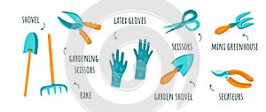 Vector set of various garden tools, such as a fork, scissors, shovel, pruner, rubber gloves. Clip art in flat style on a white