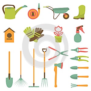 Vector set of various gardening items and garden tools in flat design