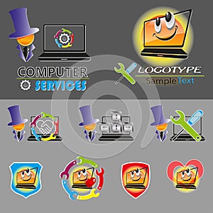 Vector set of various logos, smileys for repair, PC maintenance, laptop