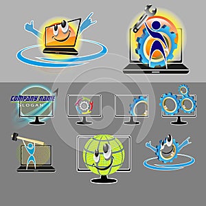 Vector set of various logos, smileys for repair, PC maintenance, laptop