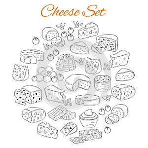 Vector set of various types of cheese, hand drawn illustration isolated on white background.