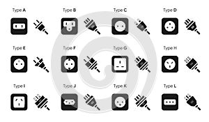 Vector set of various types of electrical outlets and plugs for them