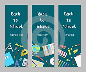 Vector set vertical banners mathematics, geography, drawing school supplies flat