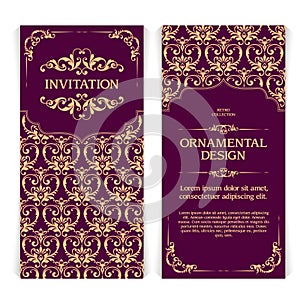 Vector set of vertical banners with ornamental frame and seamless patterned background.