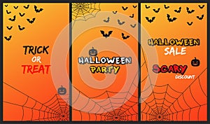 Vector set of vertical banners, stories. Halloween theme, bats, cobweb, pumpkin. Orange gloomy background. Trick or Treat,