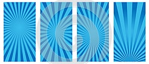 Vector set of vertical retro sunburst posters template. Blue retro backgrounds