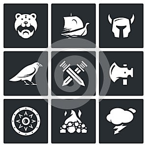 Vector Set of Viking Icons. Warrior, Ship, Ammunition, God, Battle, Weapon, Protection, Burial, Weather.