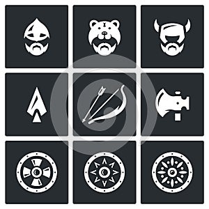 Vector Set of Viking Weapons Icons. Head, Man, Helmet, Ax, Spear, Bow and Arrow, , Shield.