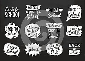Vector set of vintage Back to School in comic speech bubbles on chalkboard. Educational labels with hand lettering.