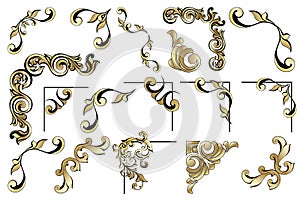 Vector set of vintage baroque corners and dividers.Border,angle,swirl,antique acanthus,damask scroll ornament swirl