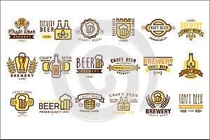 Vector set of vintage beer logos templates. Original linear emblems with colorful fill. Brewing company symbols