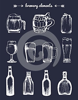 Vector set of vintage brewery elements. Collection of beer,lager,ale signs. Barrels,bottles etc sketched illustrations.