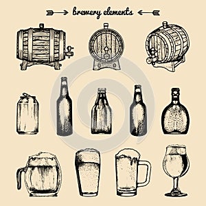 Vector set of vintage brewery elements. Retro collection with beer icons. Lager, ale barrels, bottles etc illustrations.