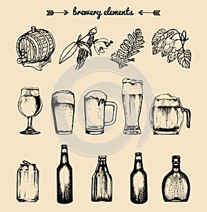 Vector set of vintage brewery elements. Retro collection of beer icons or signs. Lager, ale hand drawn symbols.