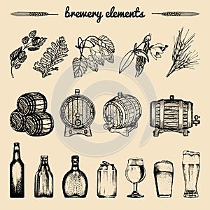 Vector set of vintage brewery hand sketched elements,barrel, bottle,glass,herbs and plants. Retro beer icons collection.