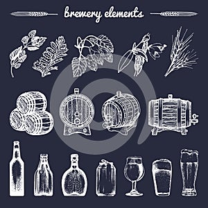 Vector set of vintage brewery hand sketched elements,barrel, bottle,glass,herbs and plants. Retro beer icons collection.