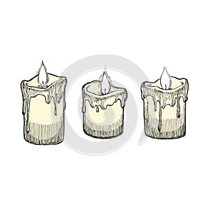 Vector set of vintage burning candles with wax drips isolated on white. Hand drawn illustration with holiday symbols