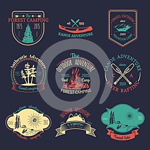 Vector set of vintage camping logos. Retro signs collection of outdoor adventures. Tourist sketches for emblems, badges.