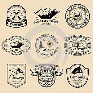 Vector set of vintage camping logos. Tourism emblems or badges. Retro signs collection of outdoor adventures.