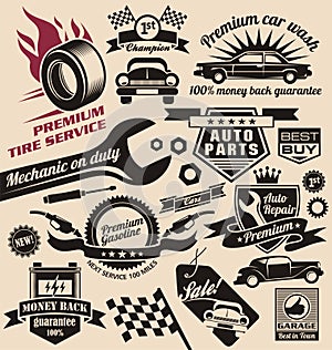 Vector set of vintage car symbols and logos