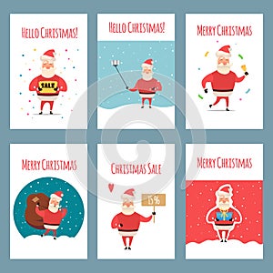 Vector set of vintage Christmas labels, banners with cartoon Santa Claus character, present, tree, hat, sleigh, snowman