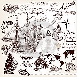 Vector set of vintage elements on marine theme with ship and swirls