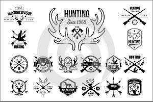 Vector set of vintage emblems for hunting club. Original monochrome labels with silhouettes of dogs, guns rifles, goose