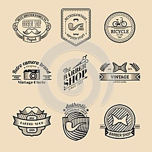 Vector set of vintage hipster logo. Retro icons collection of bicycle, moustache, camera etc.