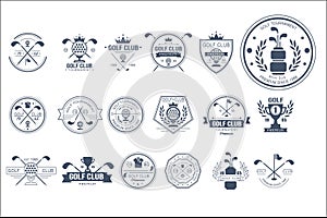 Vector set of vintage logos for golf club. Individual sports game. Monochrome emblems with balls, golf clubs, trophies