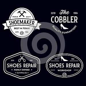 Vector set of vintage logos, labels, badges, emblems or logotypes elements for shoemaker, shoes shop and shoes repair