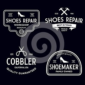 Vector set of vintage logos, labels, badges, emblems or logotypes elements for shoemaker, shoes shop and shoes repair