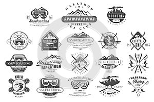 Vector set of vintage logos for ski club. Snowboarding championship. Monochrome emblems of tournament. Extreme winter
