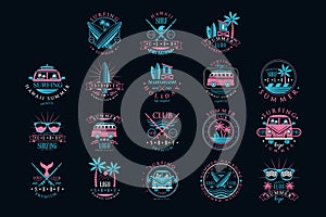 Vector set of vintage logos for surfing club. Creative emblems with surfboards, sunglasses, vans and palm trees. Hawaii