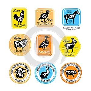 Vector set of vintage meat store labels. Logos with silhouettes of farm animals. Butcher shop. Sticker with lamb, turkey