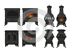 Vector set of vintage old cast iron mantles with realistic fire