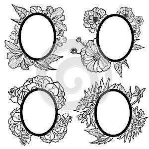 Vector set of vintage oval frames with flowers