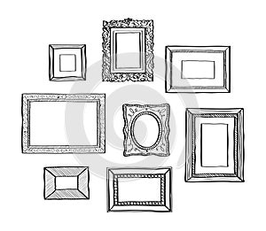 Vector set of vintage photo frames, hand drawn doodle style, antique ornamental and cute photo frames