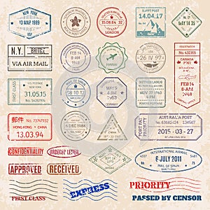 Vector set vintage postage stamps from countries all over world stamp different mail grunge postmark illustration.