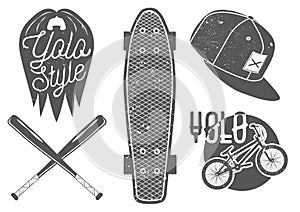 Vector set of vintage sport labels, emblems, logo. Yolo lettering and typography. Skateboard, baseball bat, rap cap, bicycle