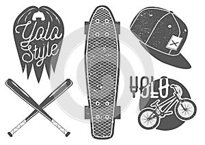 Vector set of vintage sport labels, emblems, logo. Yolo lettering and typography. Skateboard, baseball bat, rap cap, bicycle photo