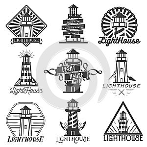 Vector set of vintage style lighthouses. Isolated logos, badges, emblems, icons or labels in monochrome